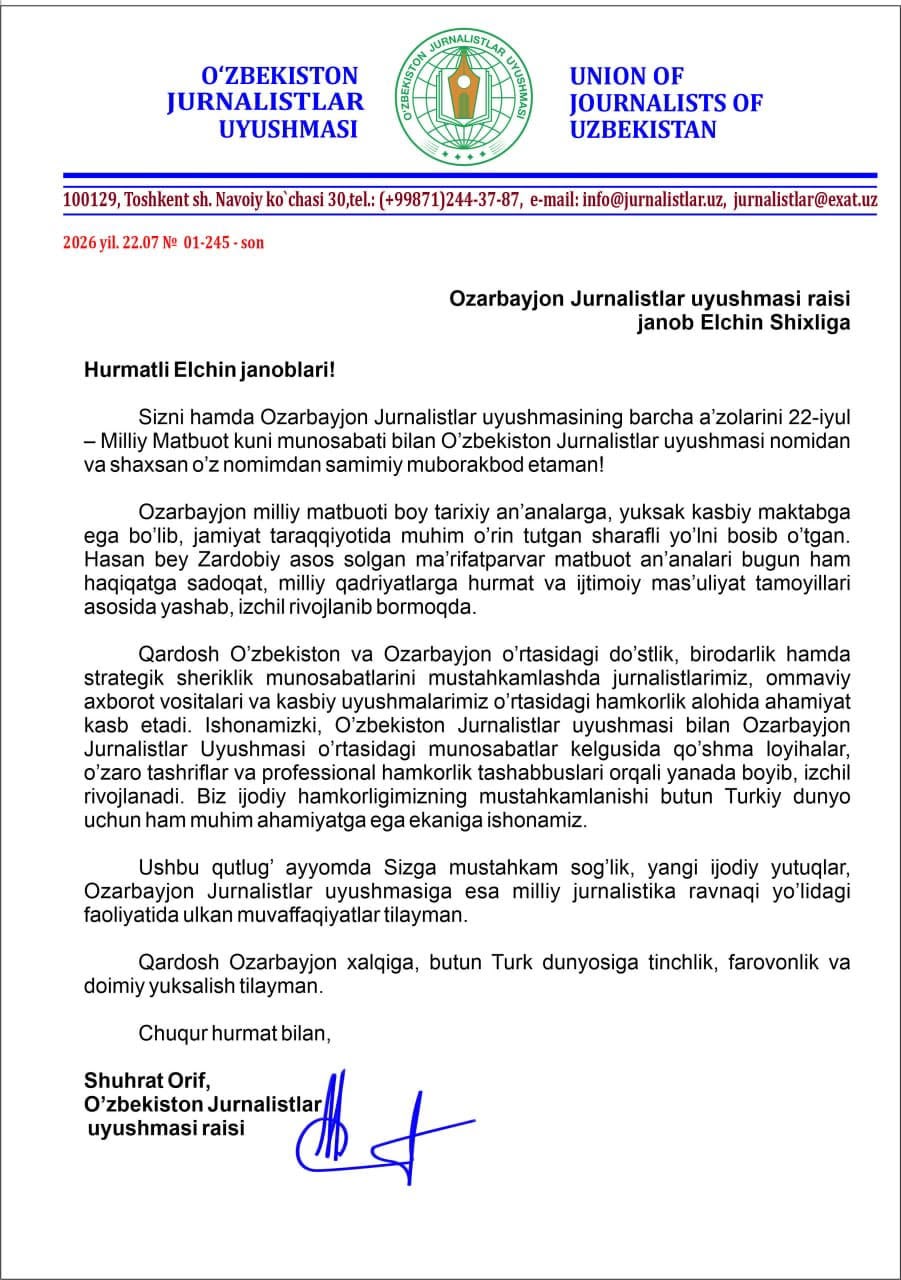 Özbəkistan Jurnalistlər Birliyinin sədri Azərbaycan Milli Mətbuat Günü münasibətilə Azərbaycanlı həmkarını təbrik edib